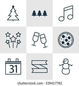 Set Of 9 Christmas Icons. Includes Festive Fireworks, Champagne Glasses, Winter And Other Symbols. Beautiful Design Elements.