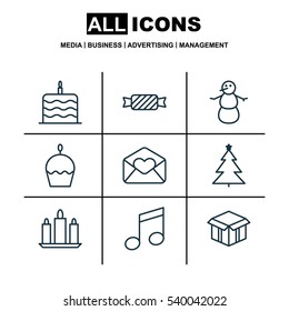 Set Of 9 Christmas Icons. Includes Winter, Greeting Email, Sweet And Other Symbols. Beautiful Design Elements.