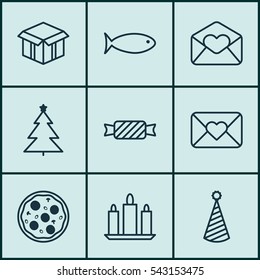 Set Of 9 Christmas Icons. Includes Fishing, Wax, Greeting Email And Other Symbols. Beautiful Design Elements.