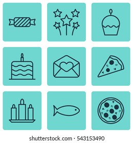 Set Of 9 Christmas Icons. Includes Sliced Pizza, Sweet, Pizza Meal And Other Symbols. Beautiful Design Elements.