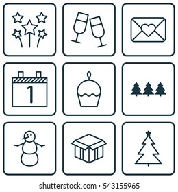 Set Of 9 Christmas Icons. Includes Agenda, Open Cardboard, Birthday Cake And Other Symbols. Beautiful Design Elements.