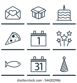 Set Of 9 Christmas Icons. Includes Festive Fireworks, Sliced Pizza, Greeting Email And Other Symbols. Beautiful Design Elements.