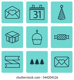 Set Of 9 Christmas Icons. Includes Date, Open Cardboard, Birthday Hat And Other Symbols. Beautiful Design Elements.