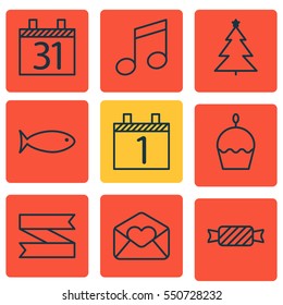 Set Of 9 Christmas Icons. Includes Birthday Cake, Blank Ribbon, Date And Other Symbols. Beautiful Design Elements.