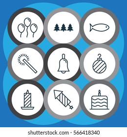 Set Of 9 Christmas Icons. Includes Fishing, Celebration Cake, Fire Wax And Other Symbols. Beautiful Design Elements.