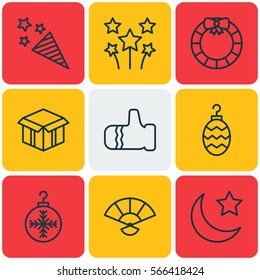 Set Of 9 Christmas Icons. Includes Garland , Mitten, Japan Souvenir Symbols. Beautiful Design Elements.