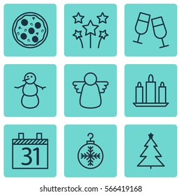 Set Of 9 Christmas Icons. Includes Winter, Decorated Tree, Tree Toy And Other Symbols. Beautiful Design Elements.
