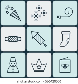 Set Of 9 Christmas Icons. Includes Sweet, Celebration Card, Firecracker And Other Symbols. Beautiful Design Elements.