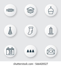 Set Of 9 Christmas Icons. Includes Date, Greeting Email, Sweet And Other Symbols. Beautiful Design Elements.