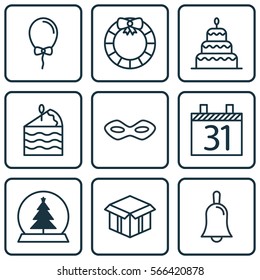 Set Of 9 Christmas Icons. Includes Carnival Face, Cake Piece, Date And Other Symbols. Beautiful Design Elements.