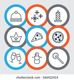 Set Of 9 Christmas Icons. Includes Knitted Cap, Corona, Star Snow And Other Symbols. Beautiful Design Elements.