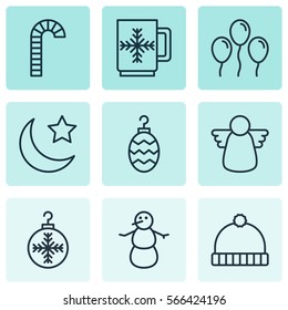 Set Of 9 Christmas Icons. Includes Winter, Air Ball, Knitted Cap And Other Symbols. Beautiful Design Elements.