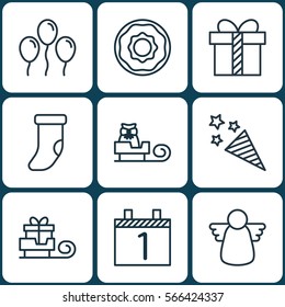 Set Of 9 Christmas Icons. Includes Gift, Toboggan, Sleigh And Other Symbols. Beautiful Design Elements.