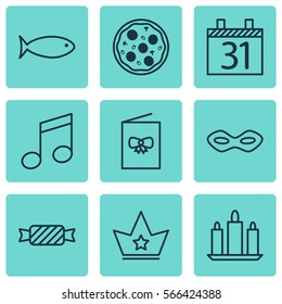 Set Of 9 Christmas Icons. Includes Celebration Card, Wax, Crotchets And Other Symbols. Beautiful Design Elements.