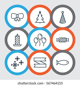 Set Of 9 Christmas Icons. Includes Butterfly Knot, Star Snow, Birthday Hat And Other Symbols. Beautiful Design Elements.