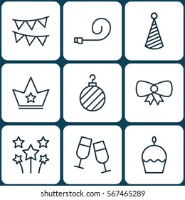 Set Of 9 Christmas Icons. Includes Decorative Flags, Celebrate Whistle, Birthday Cake And Other Symbols. Beautiful Design Elements.