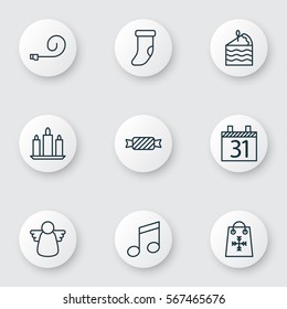 Set Of 9 Christmas Icons. Includes Trading, Celebrate Whistle, Wax And Other Symbols. Beautiful Design Elements.