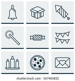 Set Of 9 Christmas Icons. Includes Firework, Handbell, Open Cardboard Symbols. Beautiful Design Elements.