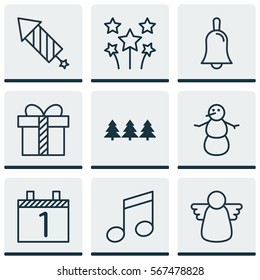 Set Of 9 Christmas Icons. Includes Agenda, Crotchets, Firework And Other Symbols. Beautiful Design Elements.