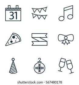 Set Of 9 Christmas Icons. Includes Blank Ribbon, Sliced Pizza, Date And Other Symbols. Beautiful Design Elements.