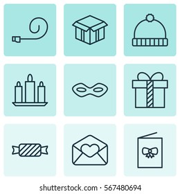 Set Of 9 Christmas Icons. Includes Celebration Card, Open Cardboard, Greeting Email And Other Symbols. Beautiful Design Elements.