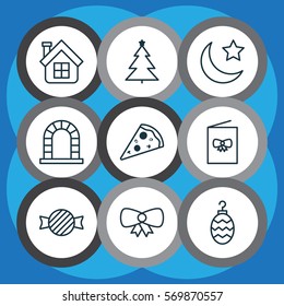 Set Of 9 Christmas Icons. Includes Residential, Butterfly Knot, Decorated Tree And Other Symbols. Beautiful Design Elements.