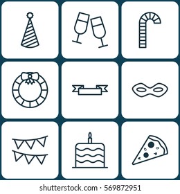 Set Of 9 Christmas Icons. Includes Celebration Cake, Garland , Sliced Pizza Symbols. Beautiful Design Elements.