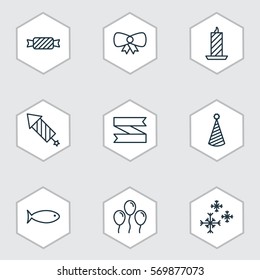 Set Of 9 Christmas Icons. Includes Butterfly Knot, Star Snow, Blank Ribbon And Other Symbols. Beautiful Design Elements.