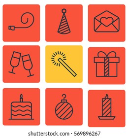 Set Of 9 Christmas Icons. Includes Christmas Ball, Champagne Glasses, Birthday Hat And Other Symbols. Beautiful Design Elements.