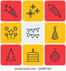 Set Of 9 Christmas Icons. Includes Star Snow, Decorated Tree, Birthday Hat And Other Symbols. Beautiful Design Elements.