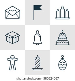 Set Of 9 Christmas Icons. Includes Christmas Toy, Greeting Email, Flag Point And Other Symbols. Beautiful Design Elements.
