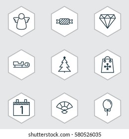 Set Of 9 Christmas Icons. Includes Agenda, Japan Souvenir, Decorated Tree And Other Symbols. Beautiful Design Elements.