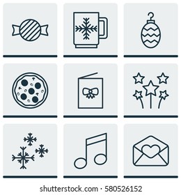 Set Of 9 Christmas Icons. Includes Star Snow, Crotchets, Greeting Email And Other Symbols. Beautiful Design Elements.