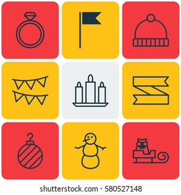 Set Of 9 Christmas Icons. Includes Winter, Blank Ribbon, Decorative Flags And Other Symbols. Beautiful Design Elements.