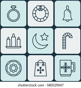 Set Of 9 Christmas Icons. Includes Winter Cup, Crescent, Trading And Other Symbols. Beautiful Design Elements.