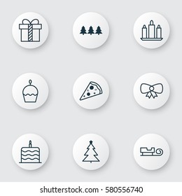 Set Of 9 Christmas Icons. Includes Celebration Cake, Gift, Butterfly Knot And Other Symbols. Beautiful Design Elements.