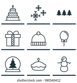 Set Of 9 Christmas Icons. Includes Knitted Cap, Magic Sphere, Flan And Other Symbols. Beautiful Design Elements.
