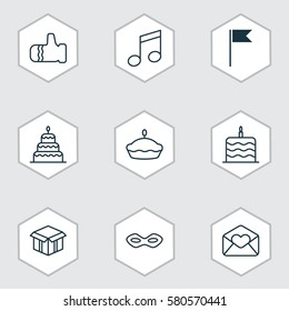 Set Of 9 Christmas Icons. Includes Celebration Cake, Flan, Dessert And Other Symbols. Beautiful Design Elements.
