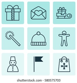 Set Of 9 Christmas Icons. Includes Gift, Sparkles, Greeting Email And Other Symbols. Beautiful Design Elements.