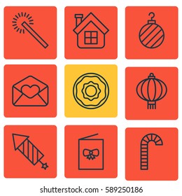 Set Of 9 Christmas Icons. Includes Traditional Lamp, Residential, Greeting Email And Other Symbols. Beautiful Design Elements.