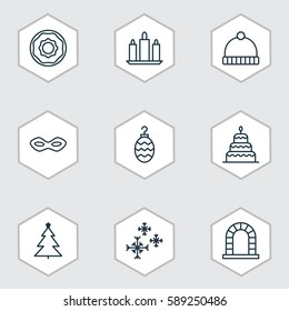 Set Of 9 Christmas Icons. Includes Knitted Cap, Wax, Doughnut And Other Symbols. Beautiful Design Elements.