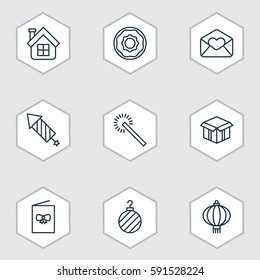 Set Of 9 Christmas Icons. Includes Open Cardboard, Sparkles, Christmas Ball And Other Symbols. Beautiful Design Elements.