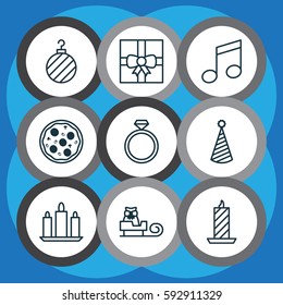 Set Of 9 Christmas Icons. Includes Sleigh, Fire Wax, Christmas Ball And Other Symbols. Beautiful Design Elements.