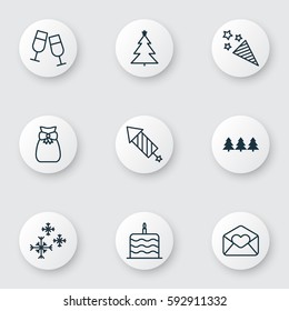Set Of 9 Christmas Icons. Includes Holiday Ornament, Celebration Cake, Champagne Glasses And Other Symbols. Beautiful Design Elements.