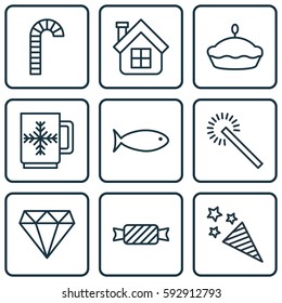 Set Of 9 Christmas Icons. Includes Sweet, Sparkles, Fishing And Other Symbols. Beautiful Design Elements.