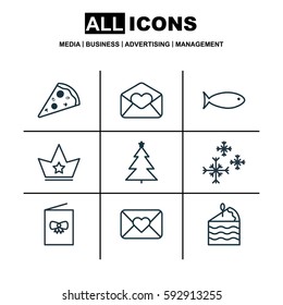 Set Of 9 Christmas Icons. Includes Corona, Star Snow, Greeting Email And Other Symbols. Beautiful Design Elements.