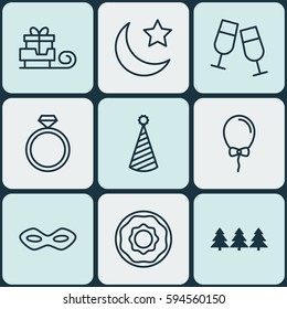 Set Of 9 Christmas Icons. Includes Doughnut, Champagne Glasses, Crescent And Other Symbols. Beautiful Design Elements.