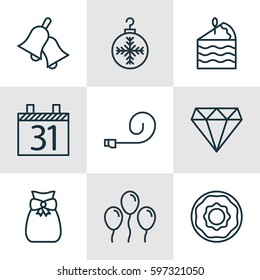 Set Of 9 Christmas Icons. Includes Air Ball, Cake Piece, Tree Toy And Other Symbols. Beautiful Design Elements.