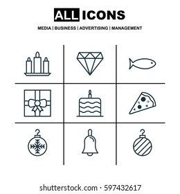 Set Of 9 Christmas Icons. Includes Fishing, Gift Surprise, Tree Toy And Other Symbols. Beautiful Design Elements.