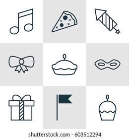Set Of 9 Christmas Icons. Includes Gift, Flag Point, Flan And Other Symbols. Beautiful Design Elements.